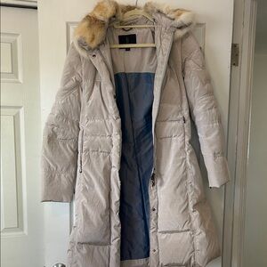 Women's Beige Hooded Puffer Coat with real fur